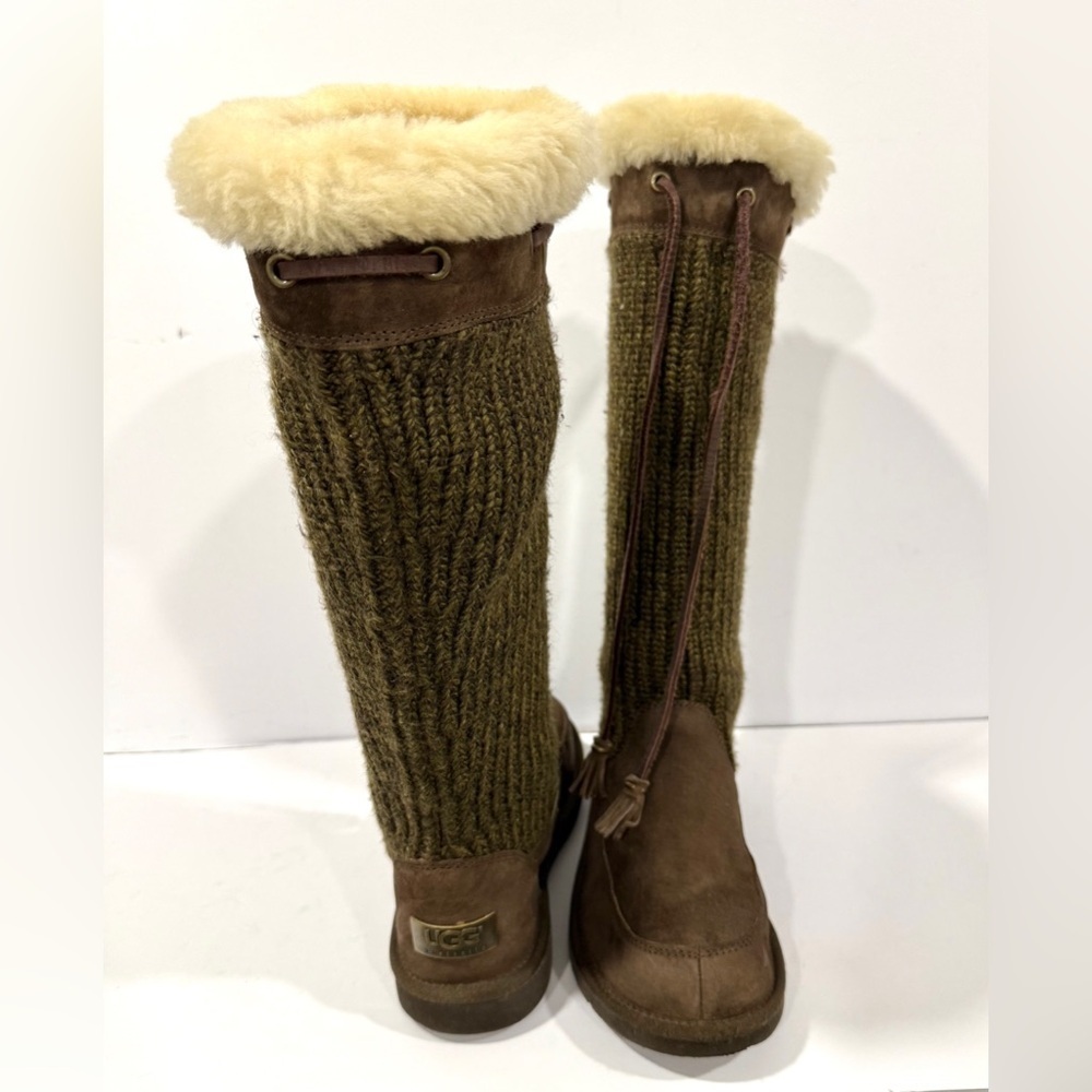 UGG Australia Tall Knit Shearling Boots Brown Leather Tassel Women’s 6 - Picture 6 of 13
